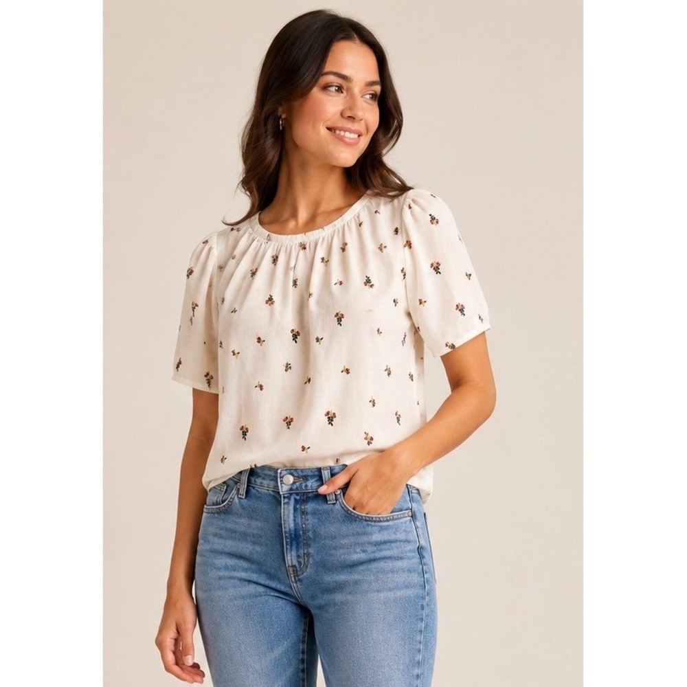 HM LOGG White Floral Embroidered Puff Sleeve‎ Blouse Top Sz 8 Cottagecore Boho